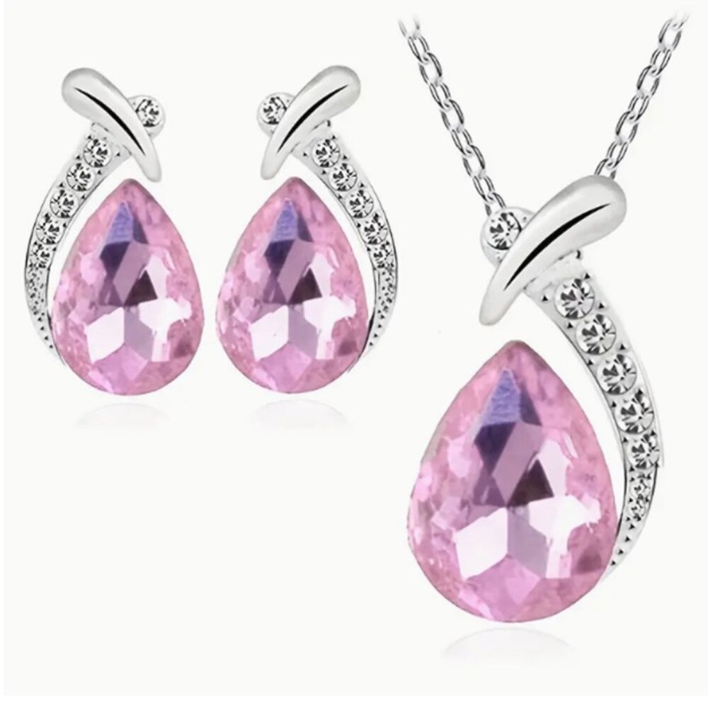 Exquisite 925 Sterling Silver Teardrop Necklace & Matching Earrings Jewelry Set